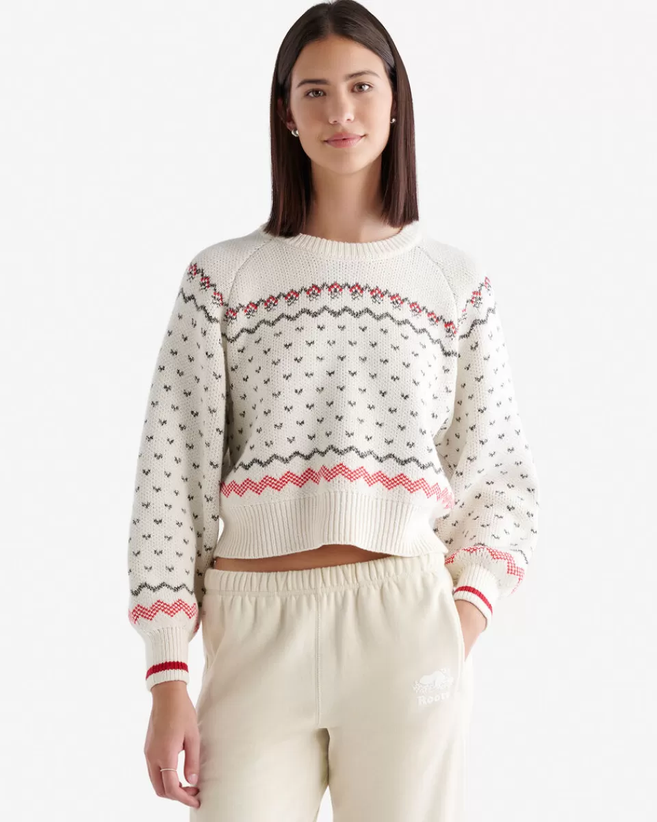 Roots Cabin Fair Isle Crew Sweater EGRET Fashion