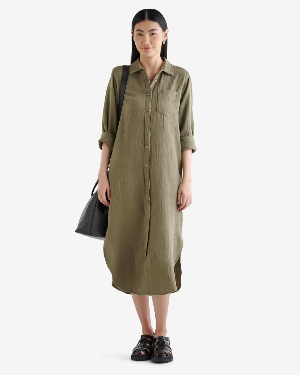 Roots Isla Cotton Gauze Shirt Dress DEEP LICHEN GREEN Cheap