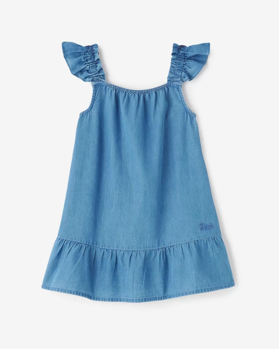 Roots Toddler Girls Chambray Ruffle Dress WASHED INDIGO New